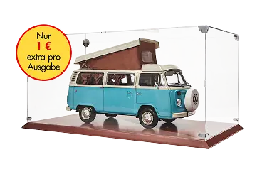 Premium-Vitrine für den Bulli-Bausatz mit Sockel und Metallschild