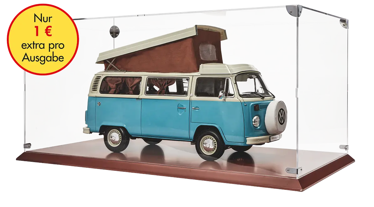 Premium-Vitrine für den Bulli-Bausatz mit Sockel und Metallschild
