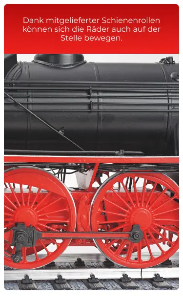 Dank mitgelieferter Schienenrollen können sich die Räder auch auf der Stelle bewegen