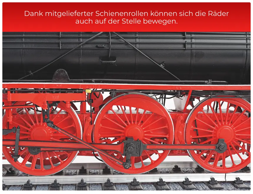 Dank mitgelieferter Schienenrollen können sich die Räder auch auf der Stelle bewegen